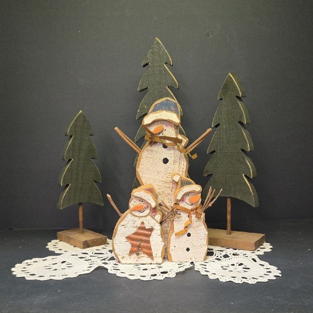 Wooden Snowman Family‎ Holiday Decor Plus Trees (Set E)